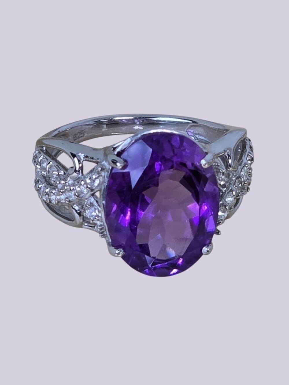 925 Sterling Silver Ring SZ 8.75 With Natural Amethyst 16x12mm & White Topaz Gem